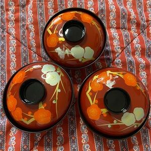 6PC. Japanese Lacquer Rice Bowl w/ Lid